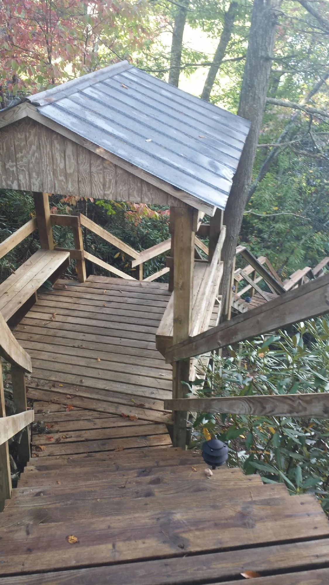 Metal roofed shelter over wooden steps on a wooded walkway — Skylight Repair & Installation work by our crew in Alamo